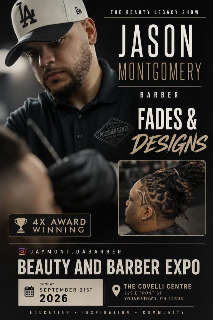 Jason Montgomery barbering at the Beauty and Barber Expo in Youngstown